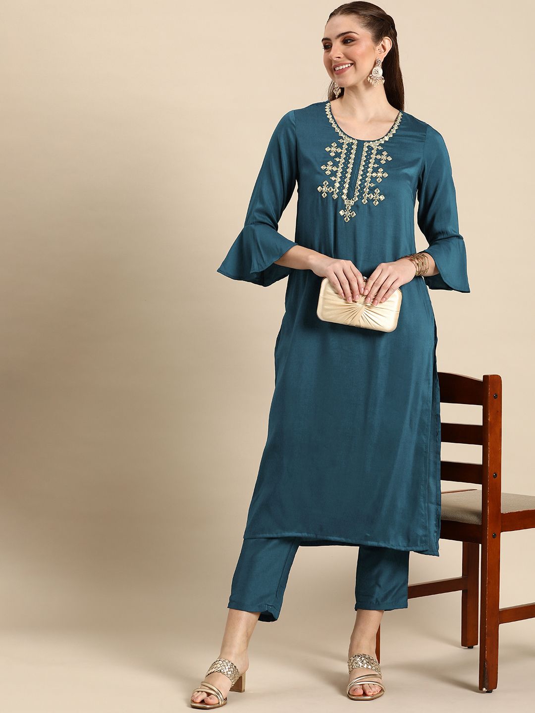 Anouk Woven Yoke Design Regular Beads and Stones Kurta with Trousers
