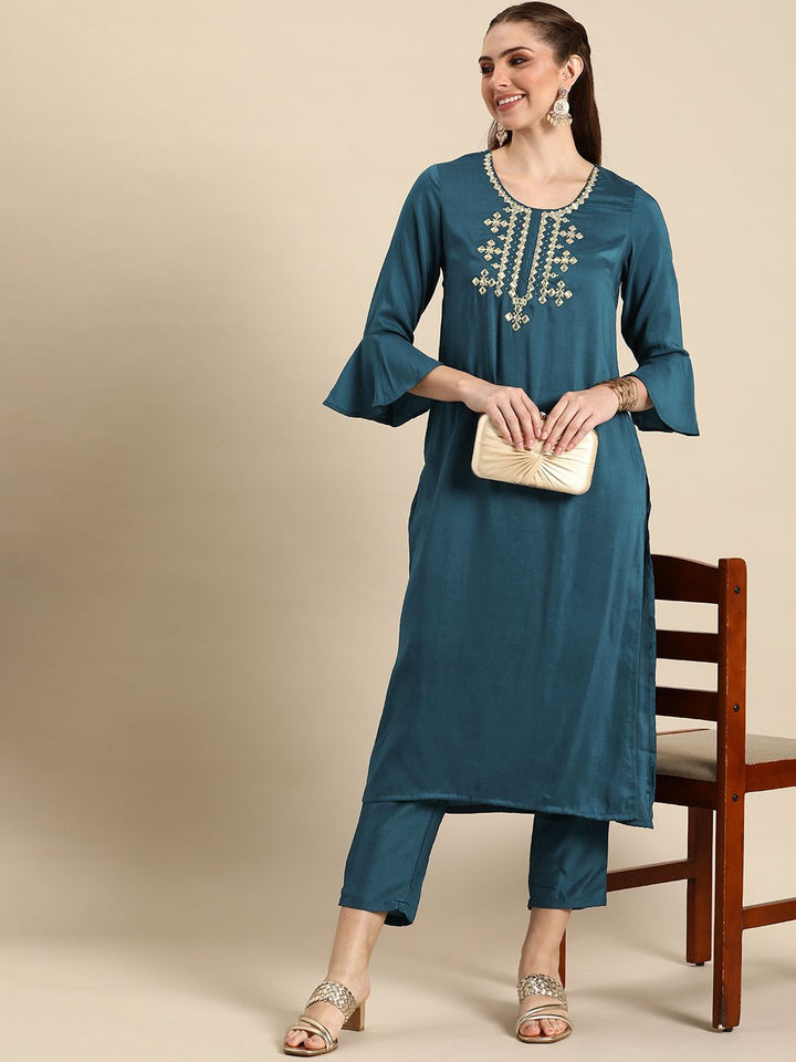 Anouk Woven Yoke Design Regular Beads and Stones Kurta with Trousers
