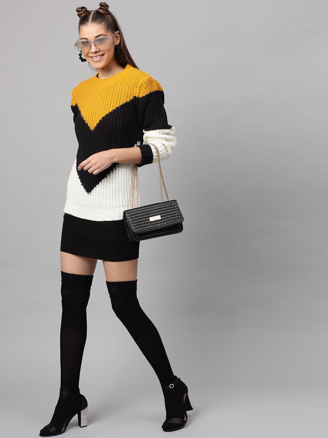 STREET 9 Women Yellow & Black Colourblocked Pullover Acrylic Sweater