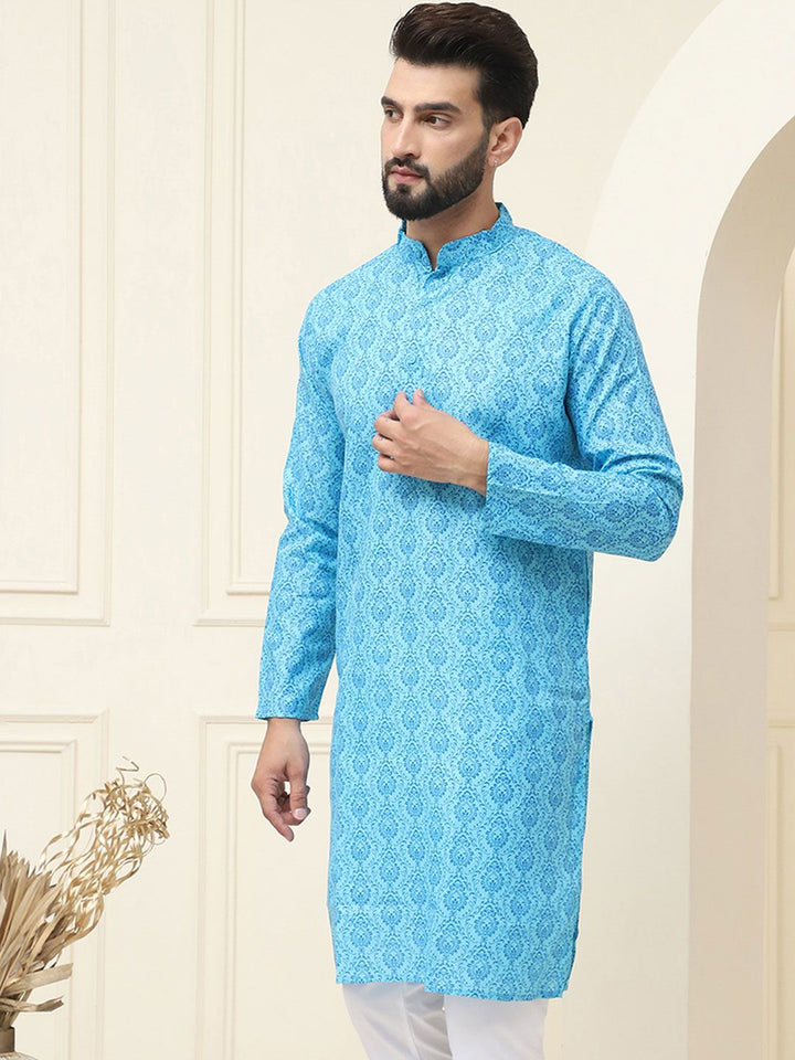 SOJANYA Motif Etnik Printed Band Collar Leher Lengan Panjang Kurta Kapas Tulen