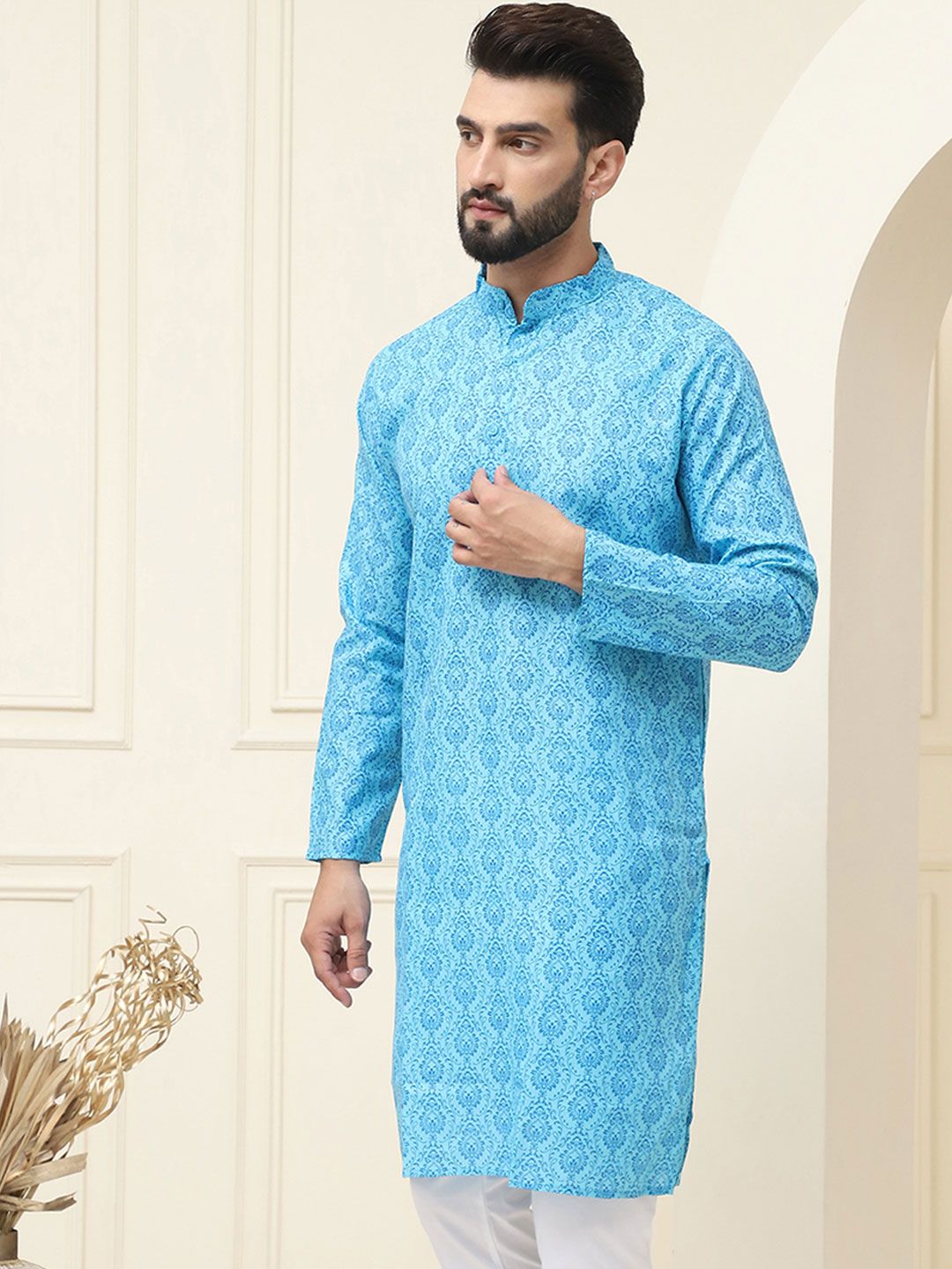 SOJANYA Motif Etnik Printed Band Collar Leher Lengan Panjang Kurta Kapas Tulen