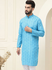 SOJANYA Motif Etnik Printed Band Collar Leher Lengan Panjang Kurta Kapas Tulen
