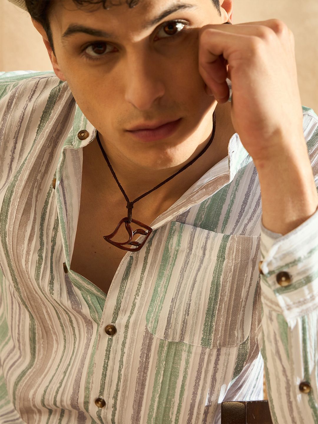 DENNISON Smart Striped Band Collar Casual Shirt