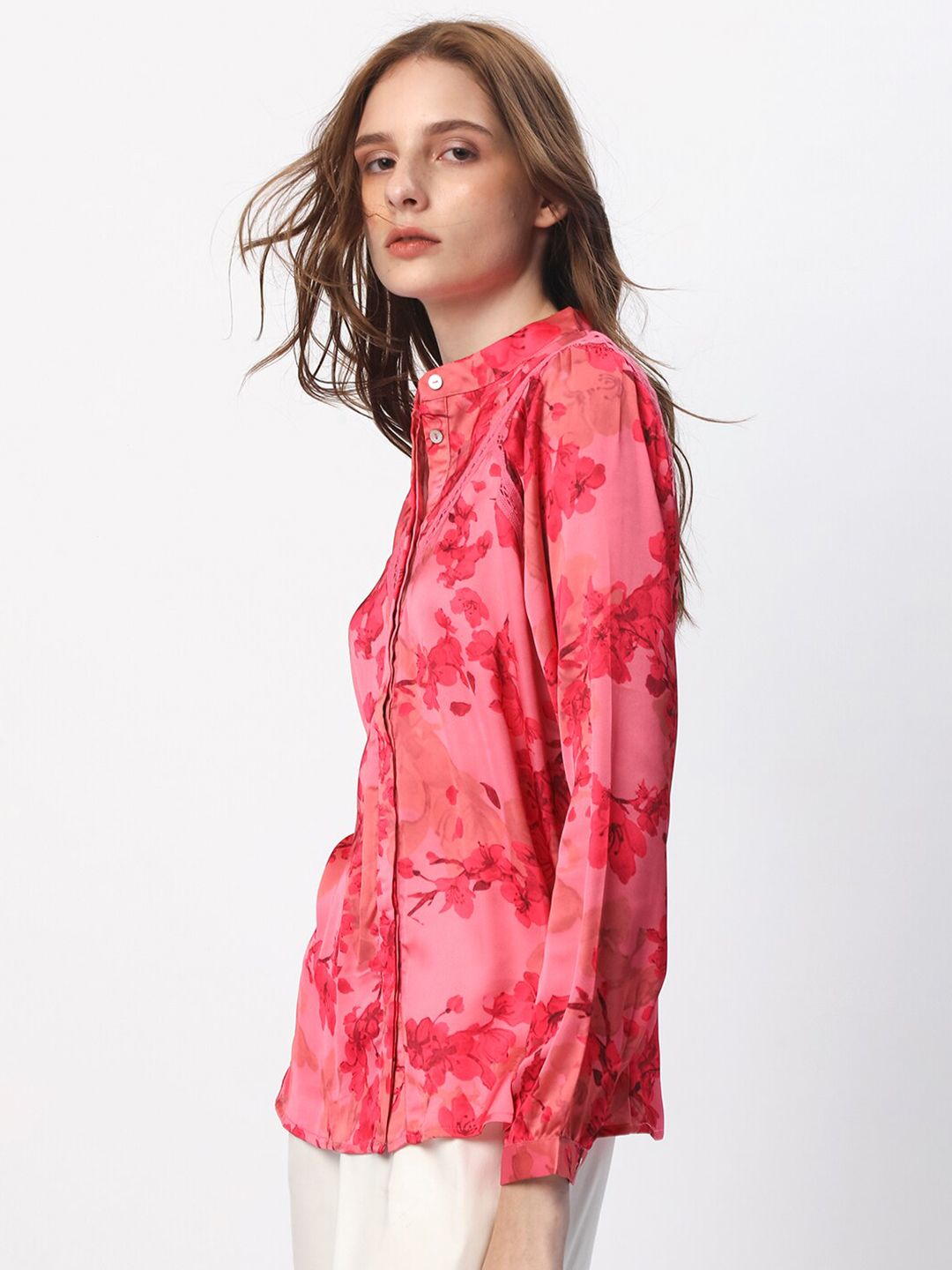 RAREISM Floral Printed Mandarin Collar Cuffed Sleeves Styled Back Top