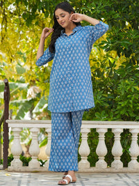 SANSKRUTIHOMES Blue Printed Pure Cotton Shirt with Lounge Pants