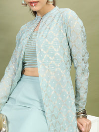 Vishudh Women Sea Green Embroidered Layered Top With Palazzos And Jacket