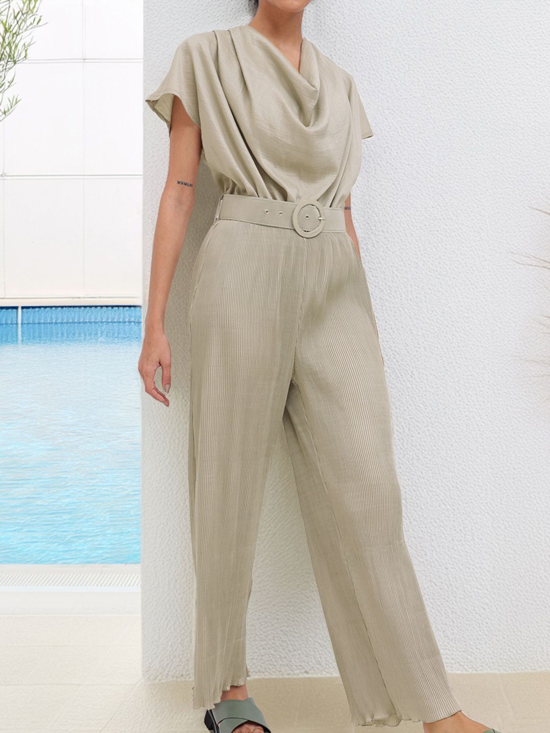 DressBerry Greyish Cowl Neck Draped Basic Jumpsuit With Belt