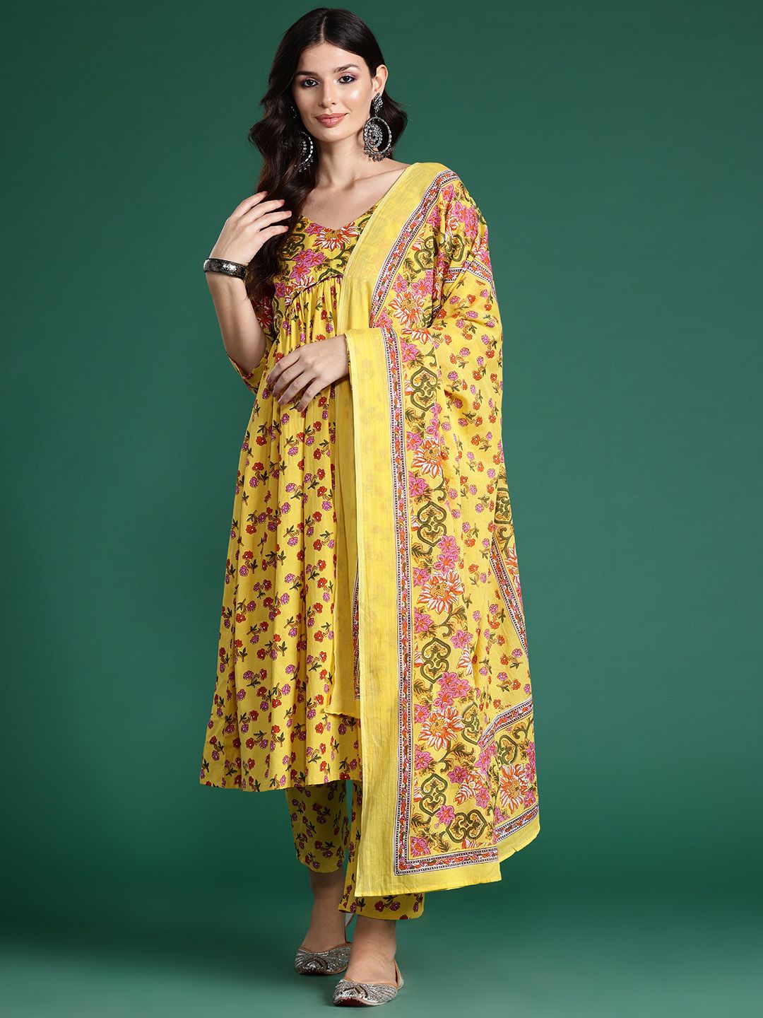Indo Era Floral Printed Empire Gotta Patti Pure Cotton Kurta With Trousers & Dupatta