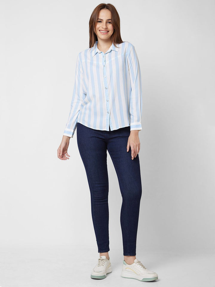 SPYKAR Women Blue Striped Shirt