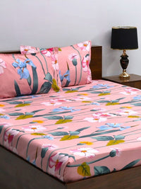 BOMBAY DYEING Pink & Blue Floral Microfiber 144 TC Queen Bedsheet with 2 Pillow Covers