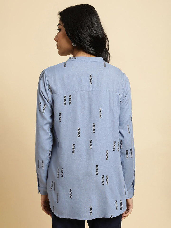 W Blue Floral Print Mandarin Collar Shirt Style Top