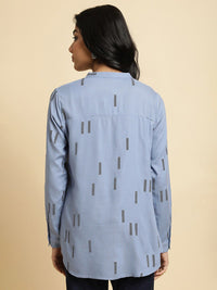 W Blue Floral Print Mandarin Collar Shirt Style Top