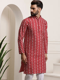 SOJANYA Men Maroon & White Ethnic Motifs Embroidered Kurta