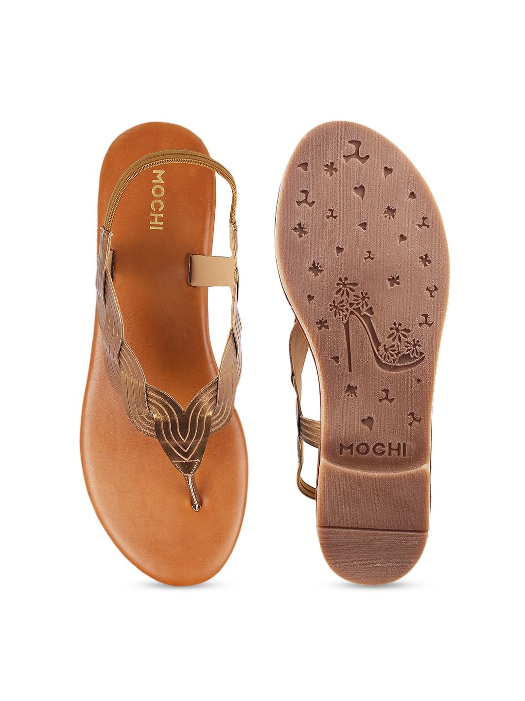 Mochi Women Gold-Toned T-Strap Flats