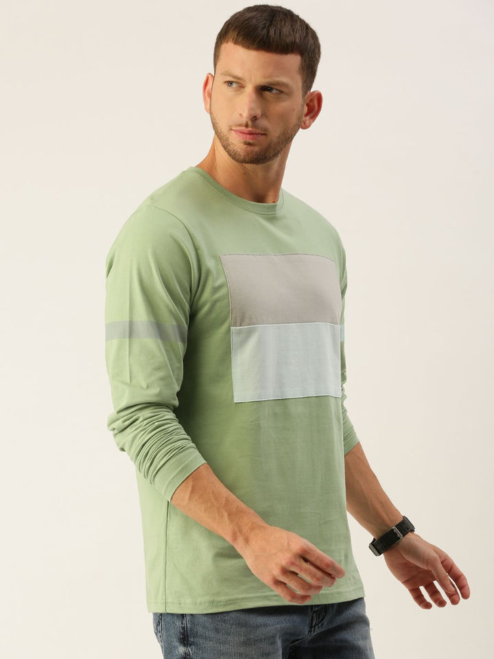 DILLINGER Men Green  Grey Colourblocked Round Neck Pure Cotton T-shirt