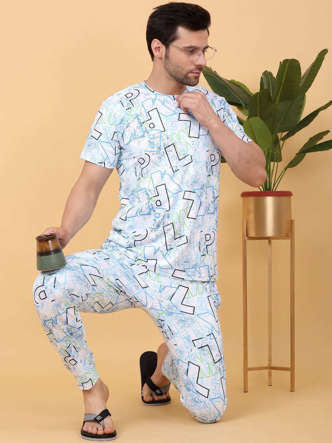 Sweet Dreams White & Blue Typography Printed Round Neck Night suit