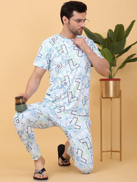 Sweet Dreams White & Blue Typography Printed Round Neck Night suit