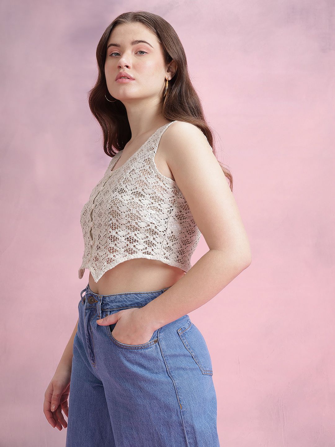 DressBerry Floral Sheer Crochet Crop Top