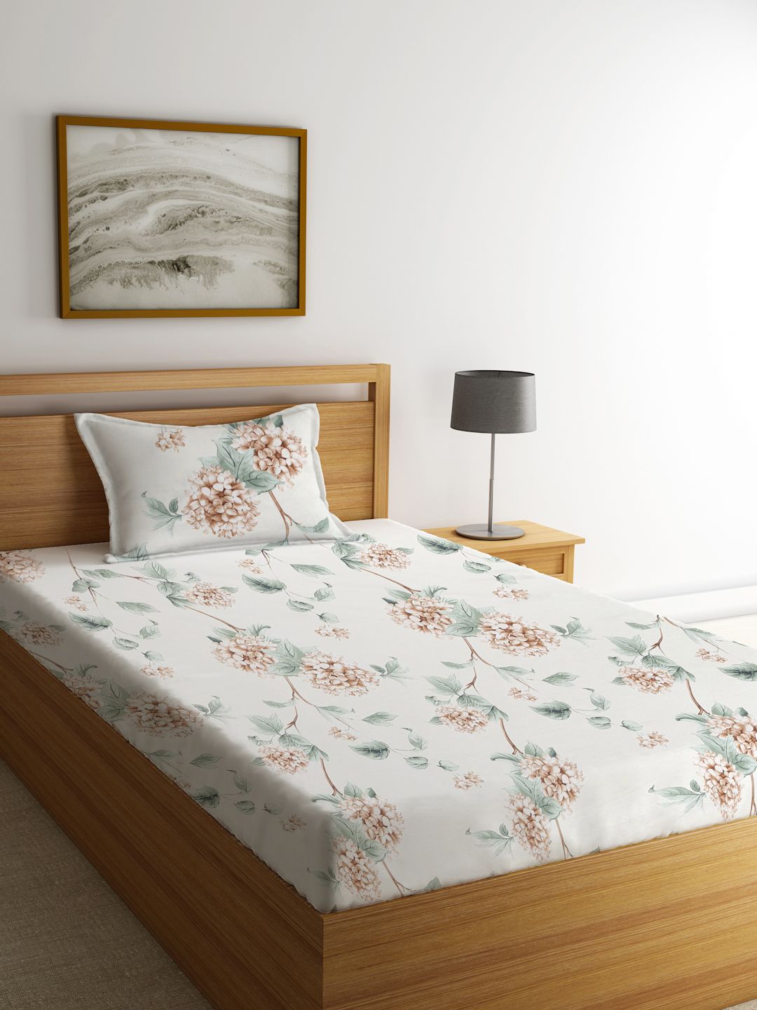 KLOTTHE White Floral Cotton 300 TC Fitted Single Fine Bedsheet with a Pillow Cover-87 x 59 inches