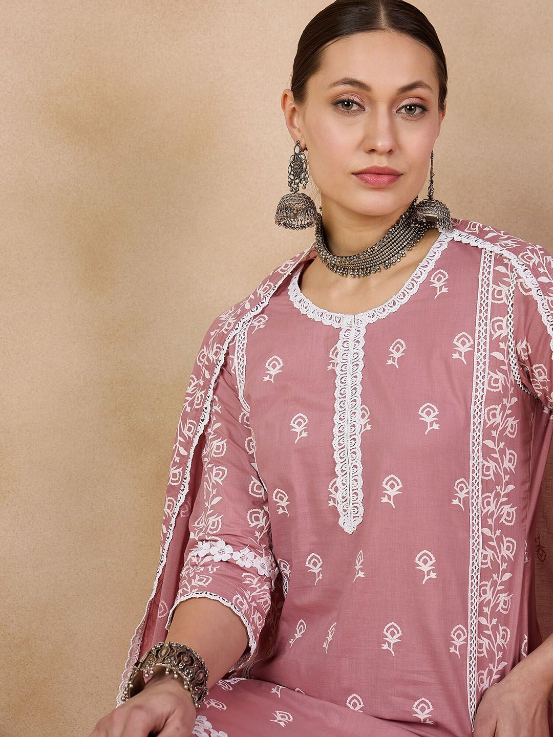 Anouk Floral Printed Round Neck Three-Quarter Sleeves Pure Cotton Kurta St