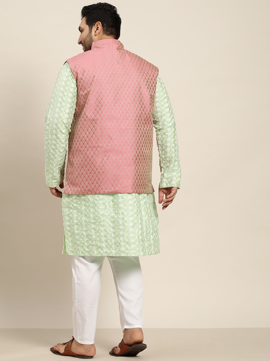 SOJANYA PLUS Men Sea Green Chikankari Embroidered Kurta with Churidar & Nehru Jacket