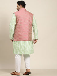 SOJANYA PLUS Men Sea Green Chikankari Embroidered Kurta with Churidar & Nehru Jacket