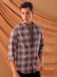 The Indian Garage Co. Spread Collar Slim Fit Tartan Checks Cotton Casual Shirt