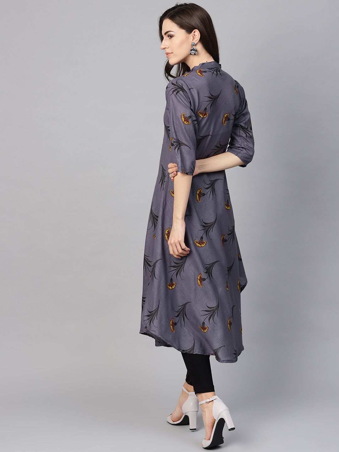 SOJANYA Kurta Bercetak A-Line Wanita Kelabu & Hitam