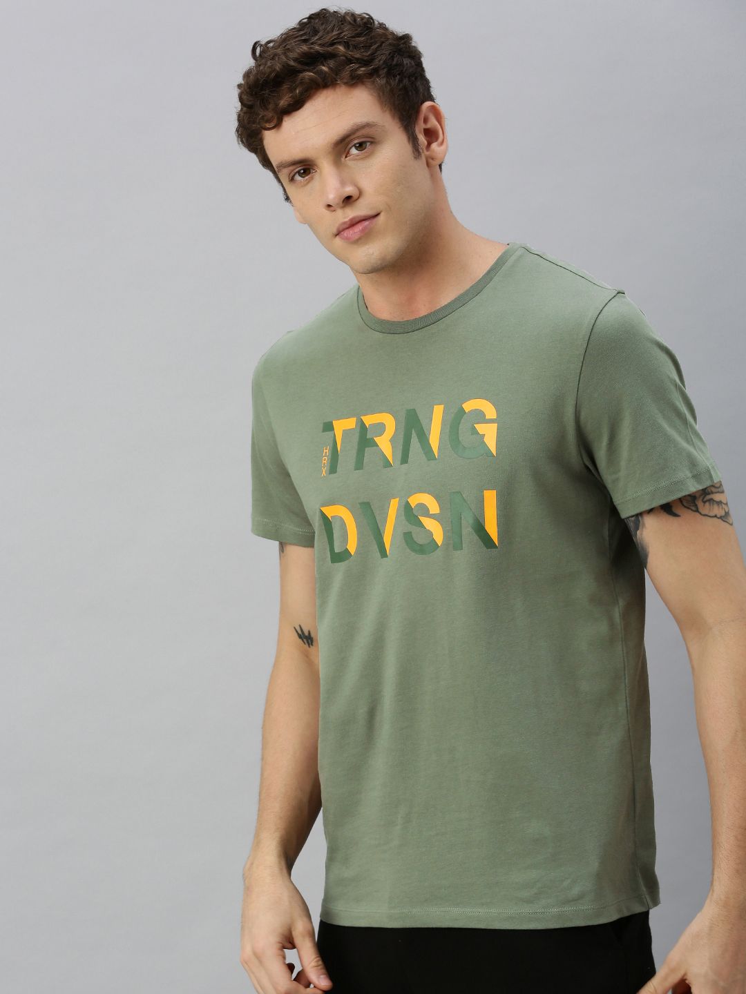 HRX by Hrithik Roshan Men Olive Green Printed Bio-Wash Training Tshirt