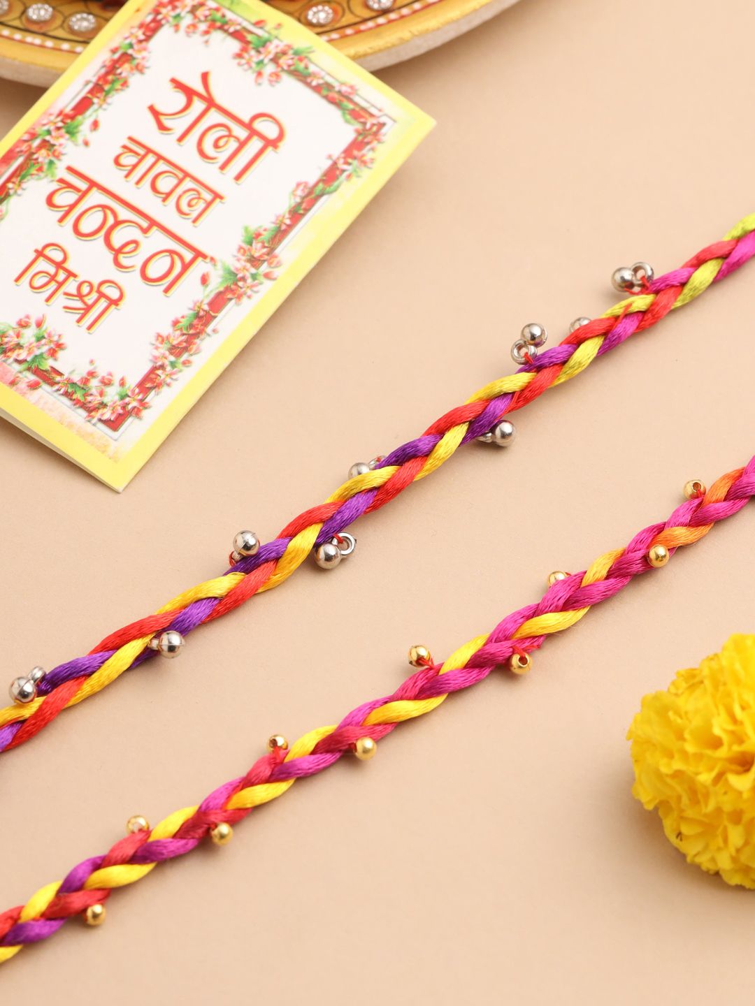 NVR Unisex Multicolor Artificial Beads Thread Rakhi with Roli Chawal Chandan Mishri