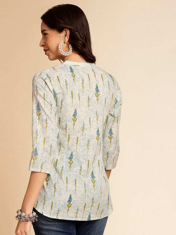 Anouk Off White Botanical Printed Mandarin Collar Pure Cotton Short Kurti