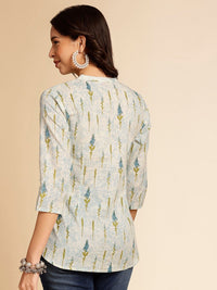 Anouk Off White Botanical Printed Mandarin Collar Pure Cotton Short Kurti