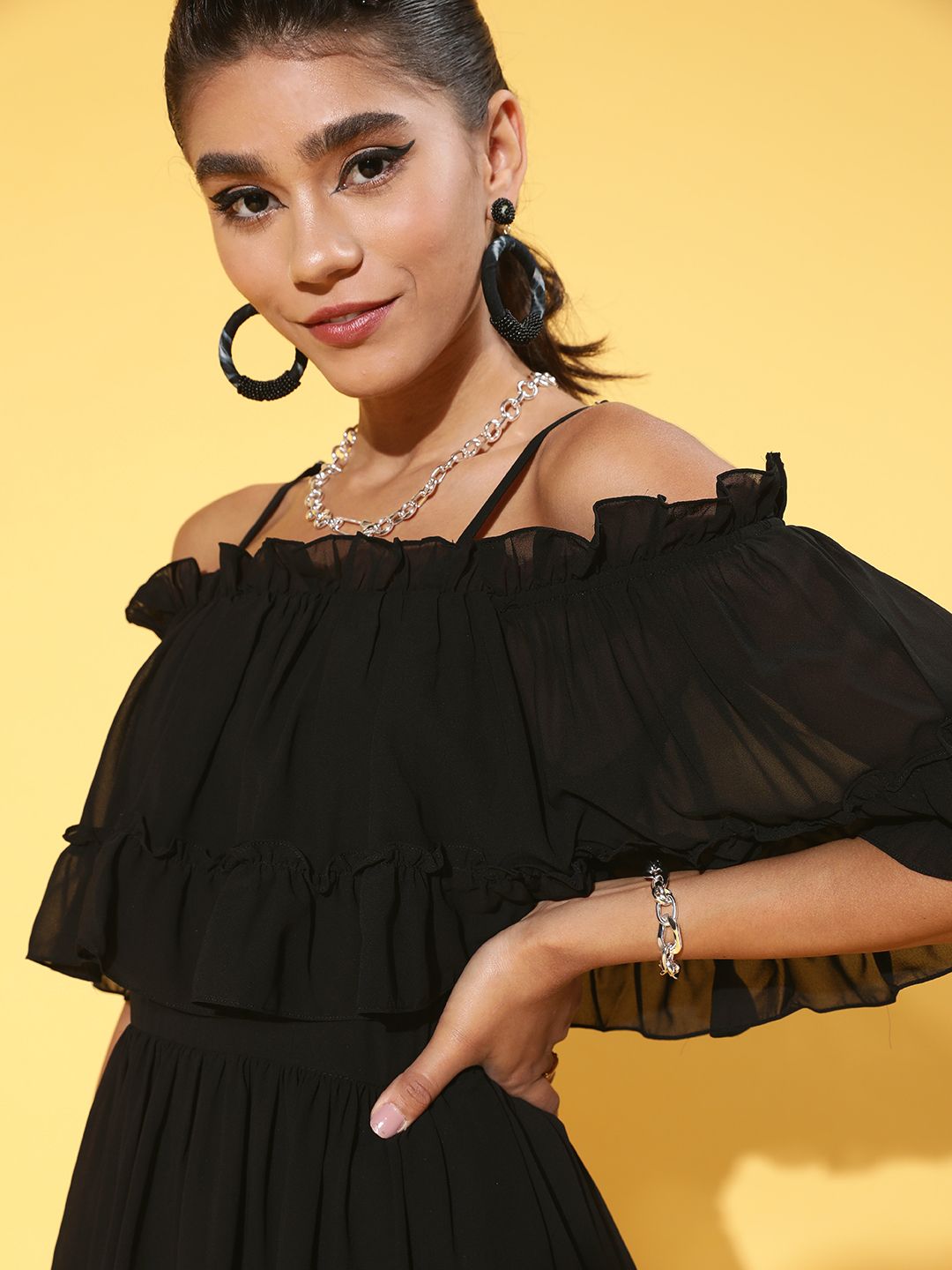 Athena Women Stylish Black Solid Feminine Frills Dress