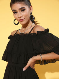 Athena Women Stylish Black Solid Feminine Frills Dress