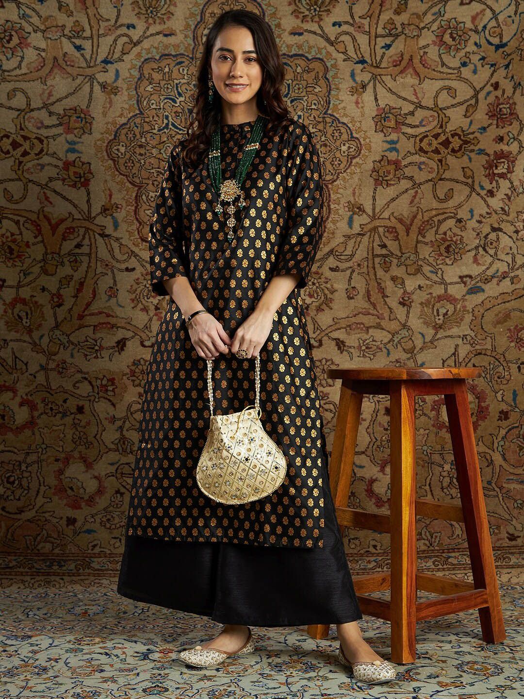 Shae by SASSAFRAS Women Black Floral Embroidered Kurta with Palazzos
