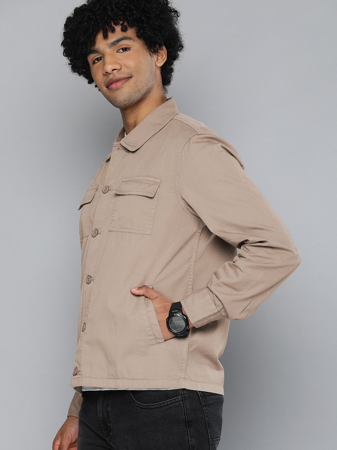 The Indian Garage Co Men Utililty Regular Fit Solid Shirt with Double flap Pocket
