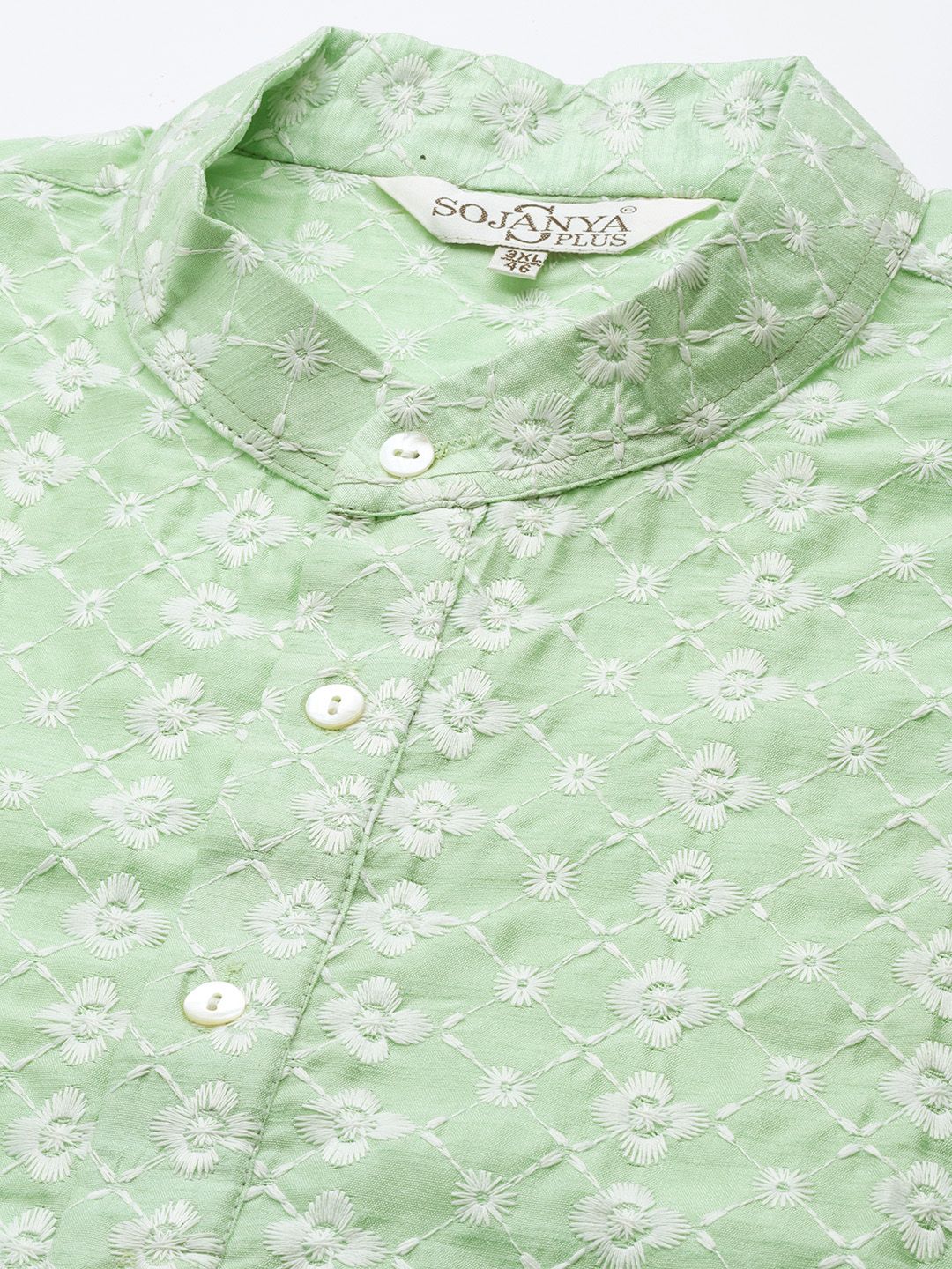 SOJANYA PLUS Men Sea Green Chikankari Embroidered Kurta with Churidar & Nehru Jacket