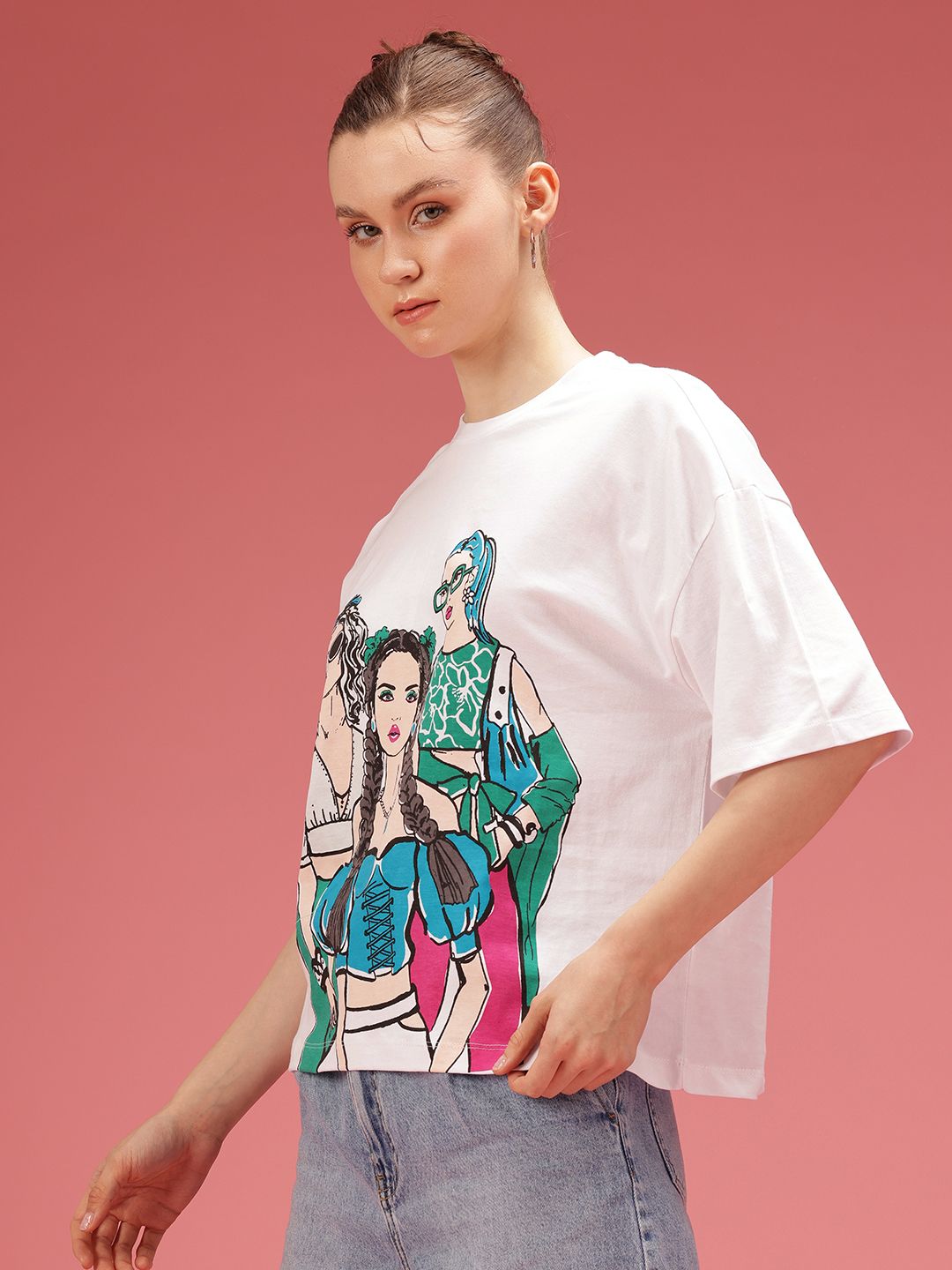 DressBerry Printed Drop-Shoulder Sleeves Oversized Pure Cotton T-shirt