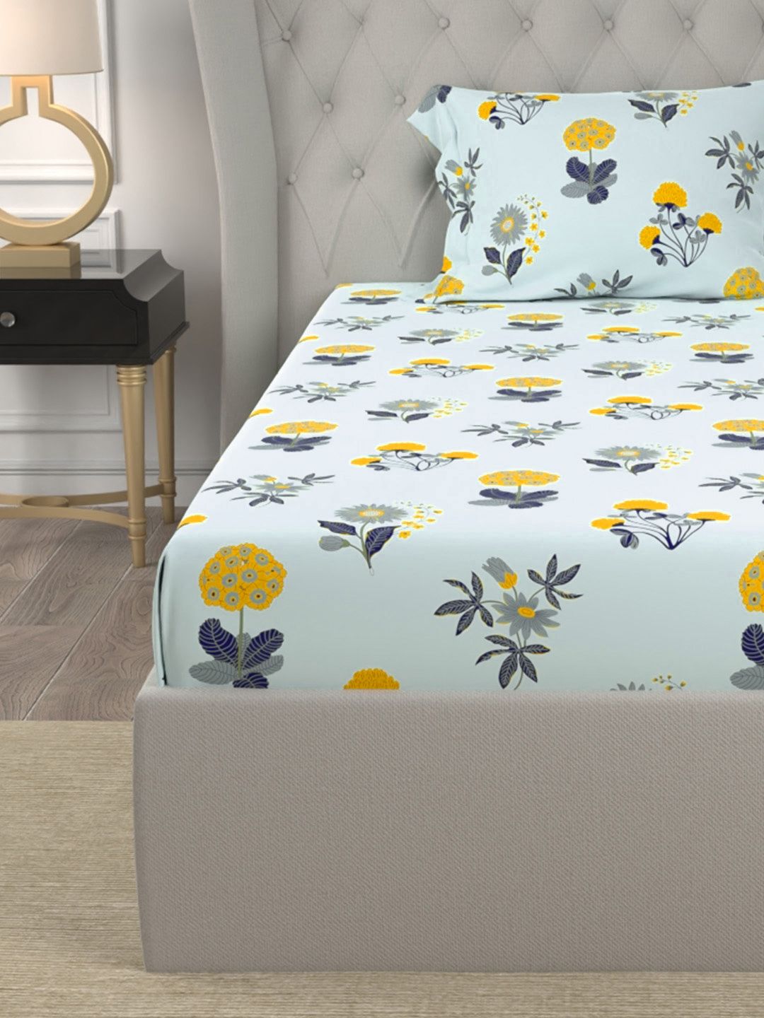 URBAN SPACE Radiance Sky Blue 200 TC Floral Single Bedsheet
