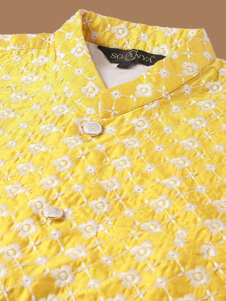 SOJANYA Floral Embroidered Pure Cotton Kurta With Churidar & With Nehru Jacket