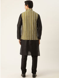SOJANYA Men Black Solid Kurta with Churidar & Nehru Jacket