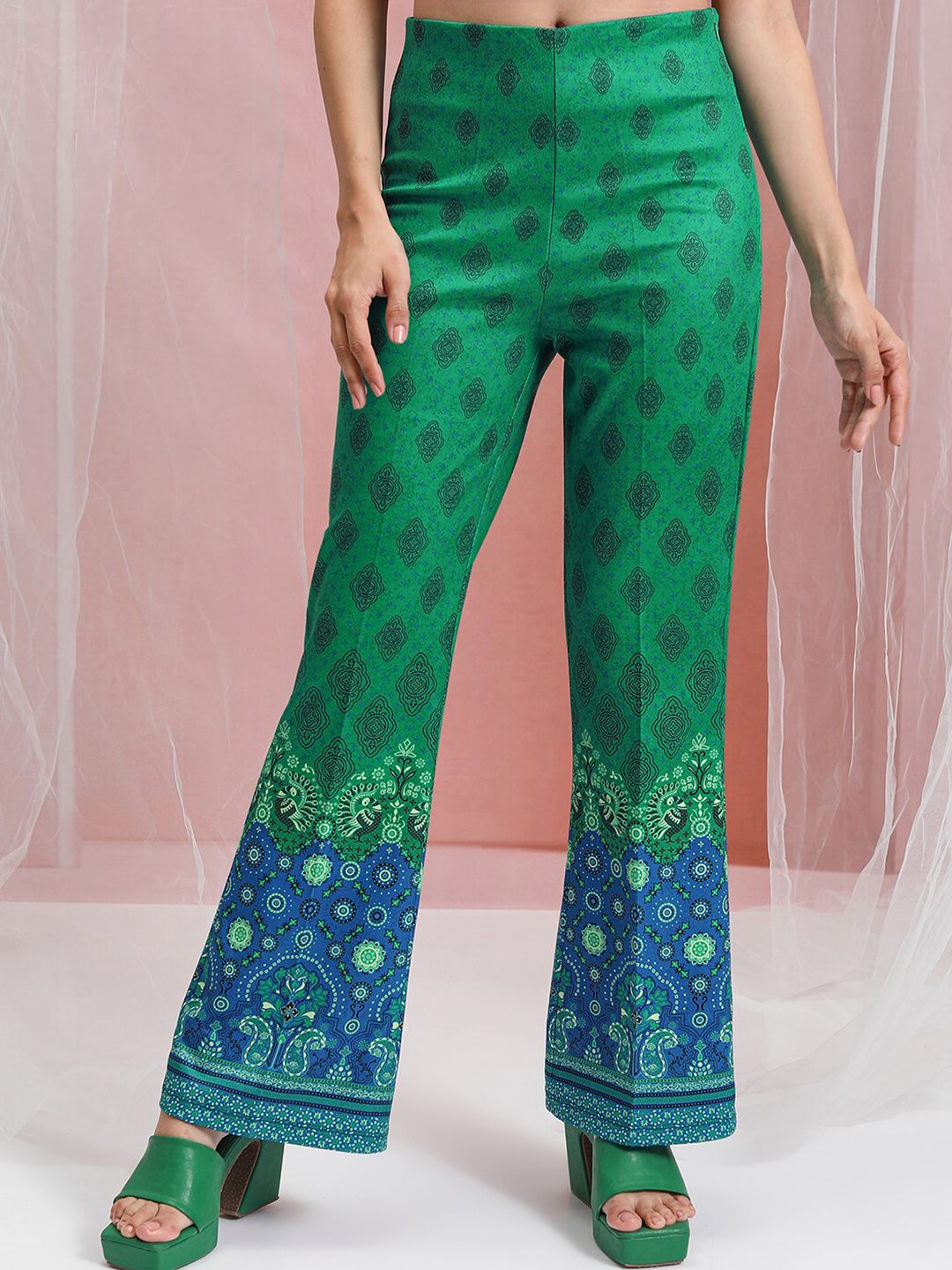 Vishudh Women Mandrain Collar Shirt With Bell Bottom Shaped Pants