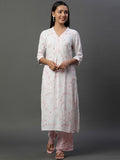 AURELIA  Floral Printed V-Neck Three-Quarter Sleeves Straight Kurta