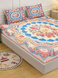 Myntra Elegant Homes White & Blue Floral 400 TC Cadar Katil King dengan 2 Sarung Bantal