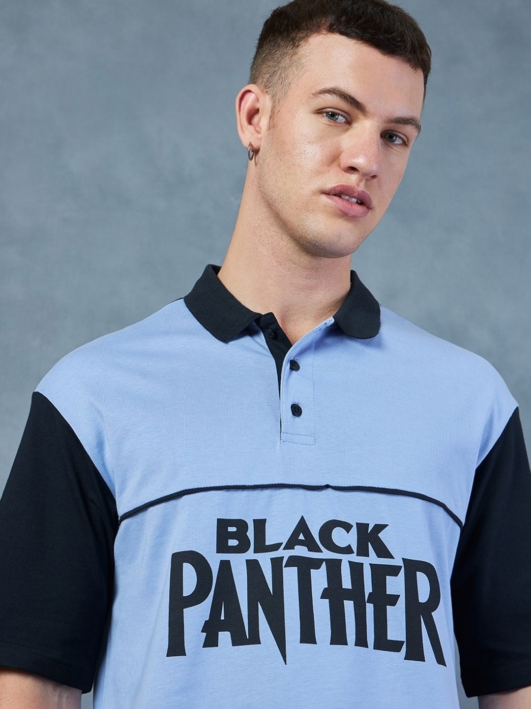 Bewakoof Black Panther Marvel Printed Polo Collar Oversized Cotton T-shirt