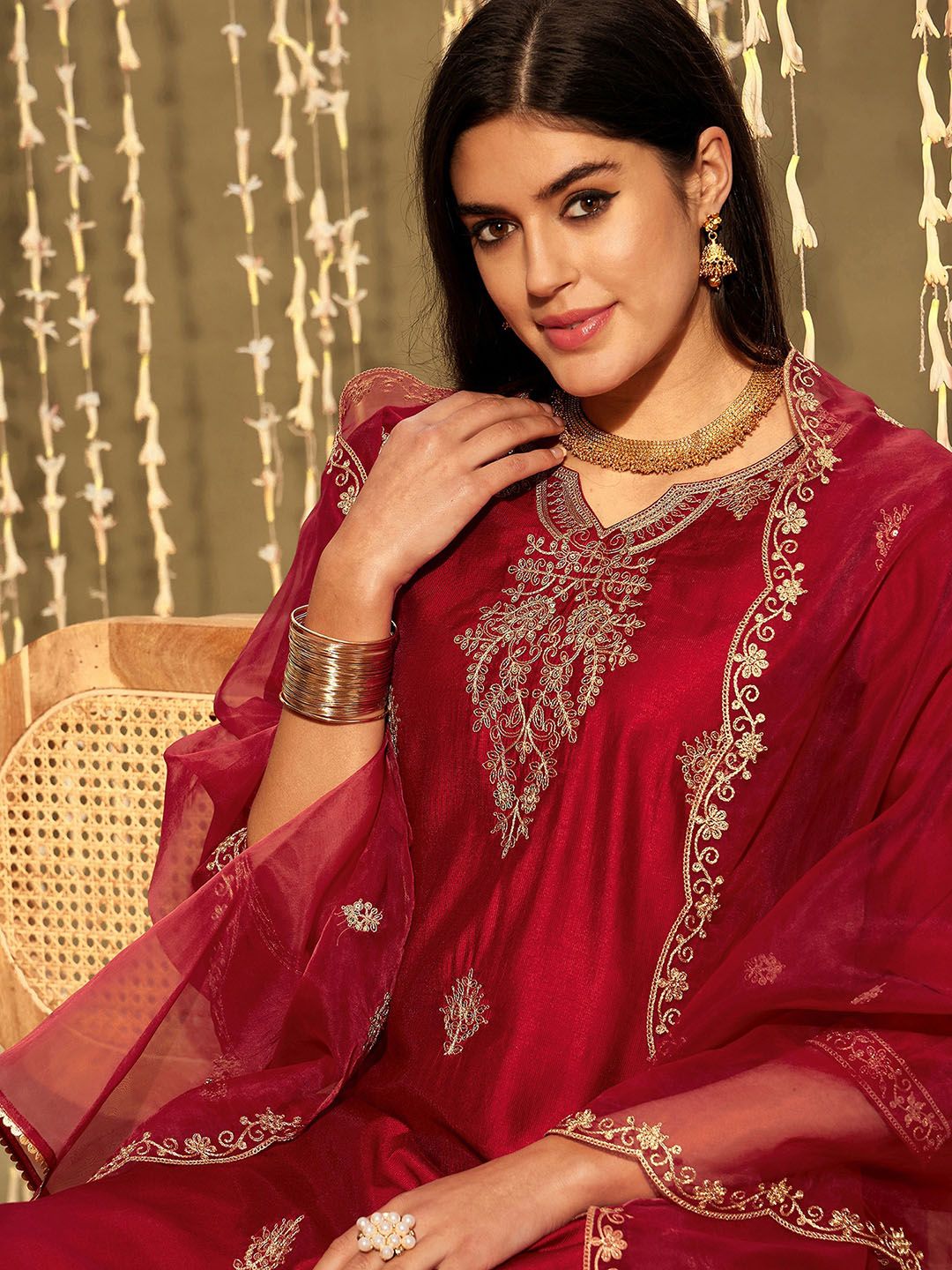 Indo Era Ethnic Motifs Embroidered Thread Work Kurta With Trousers & Dupatta