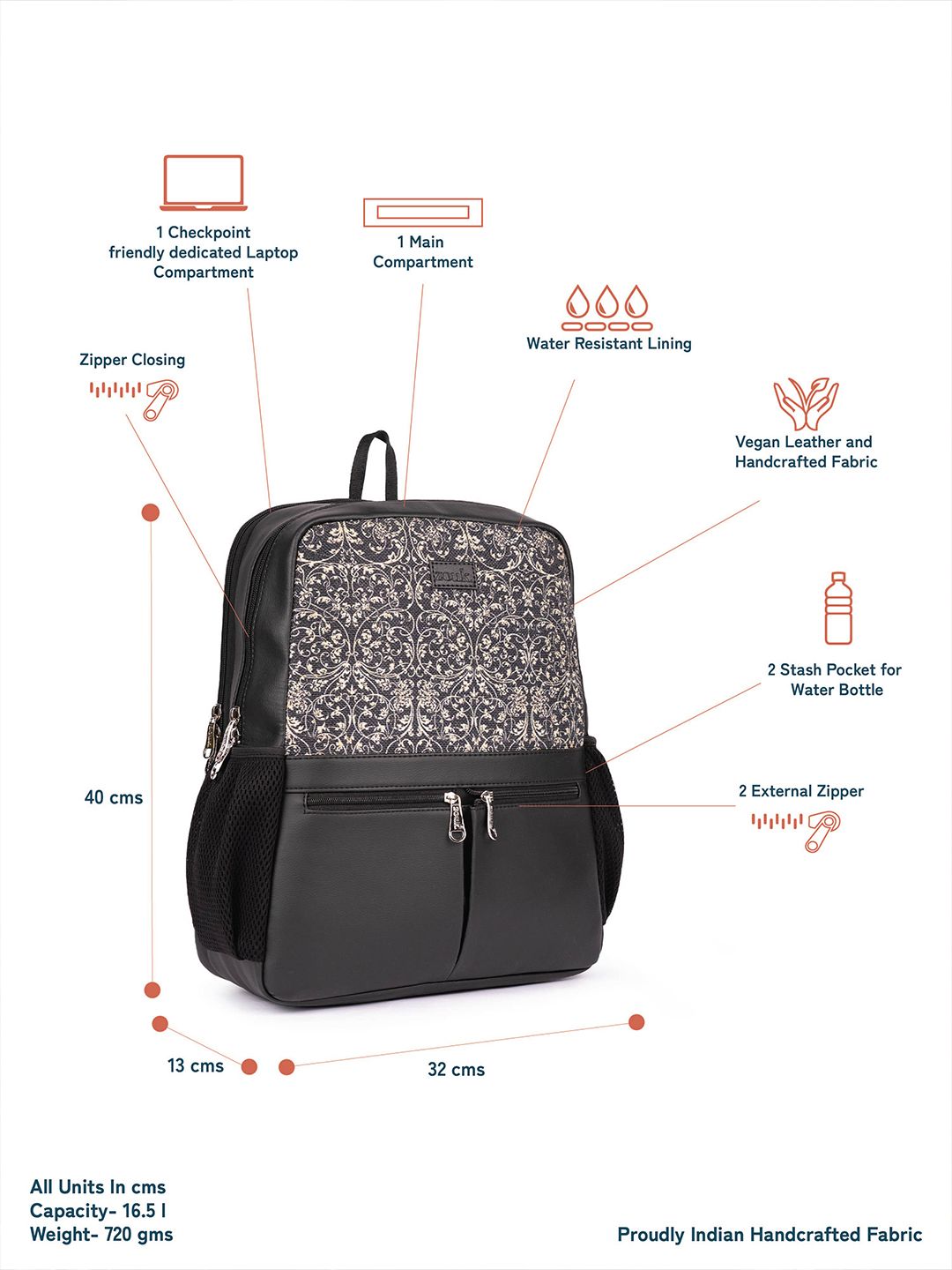 ZOUK Women Floral Printed Vegan Leather Backpack With Compression Straps-Up to 16 inch