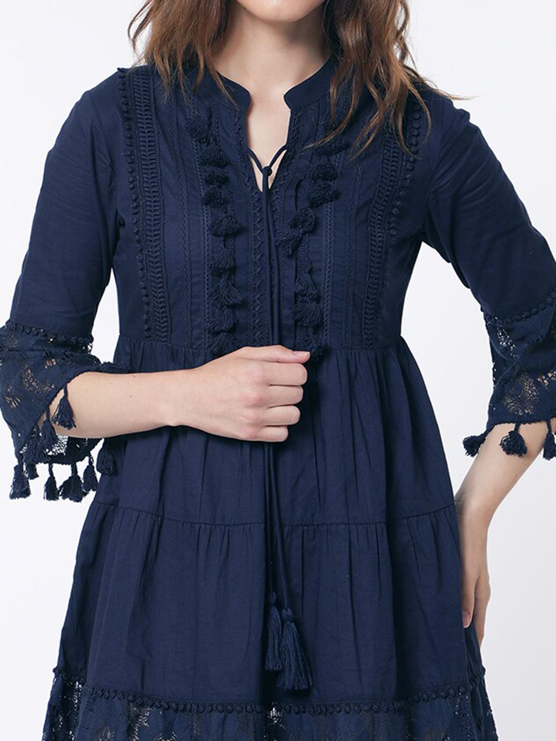 RAREISM Band Collar Bell Sleeve Tie-Up Detail Cotton Fit & Flare Dress