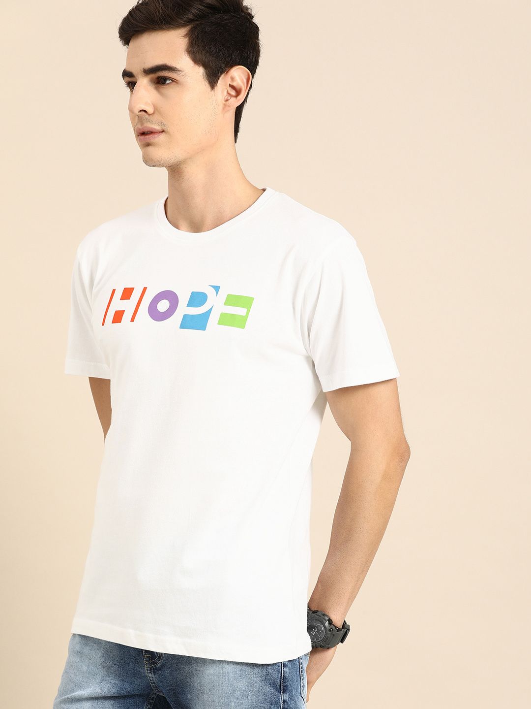 Bewakoof Men White Printed Round Neck Pure Cotton T-shirt