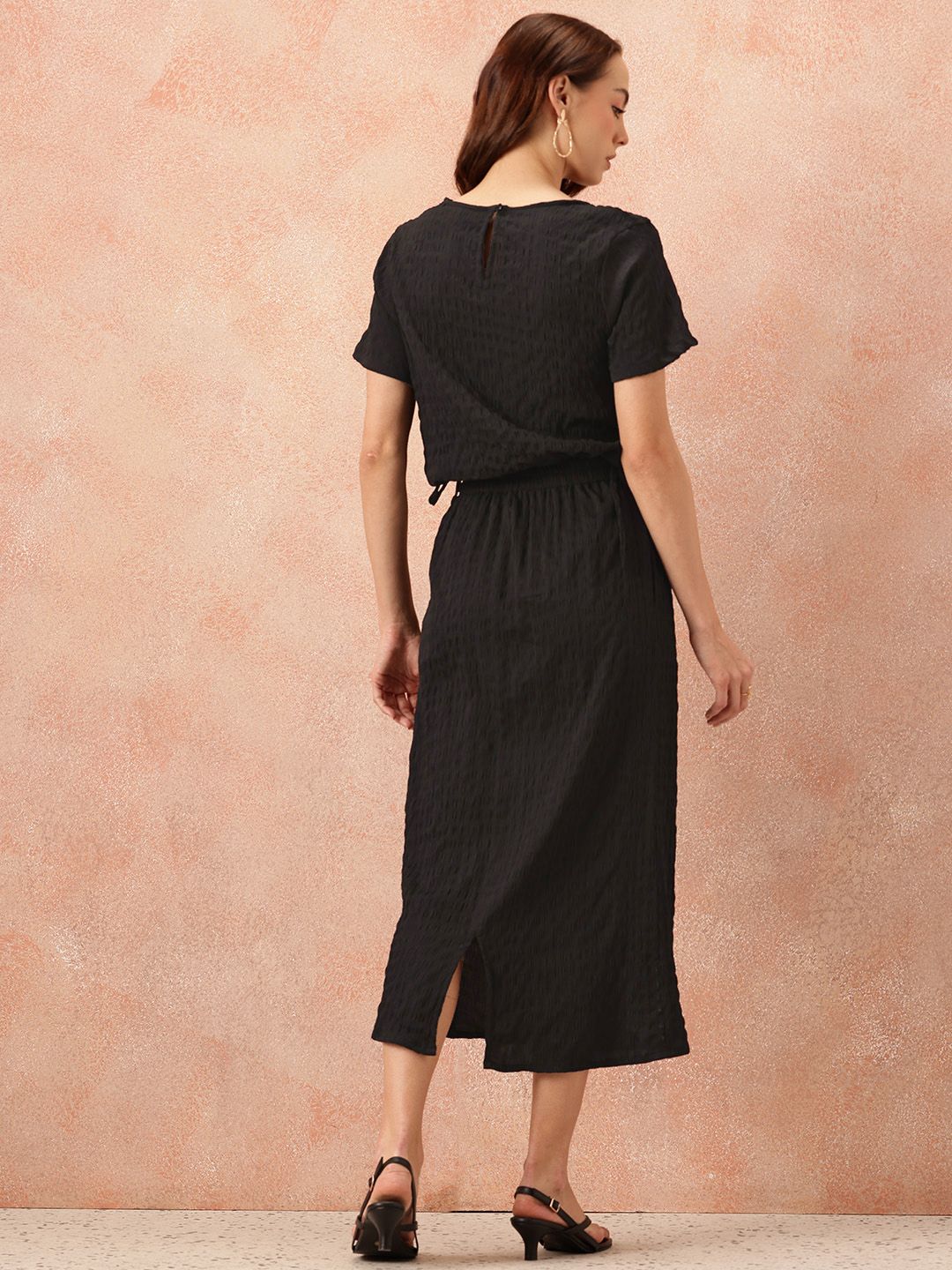 all about you Seersucker Effect Tie-Up Detail Top with Midi A-Line Skirt